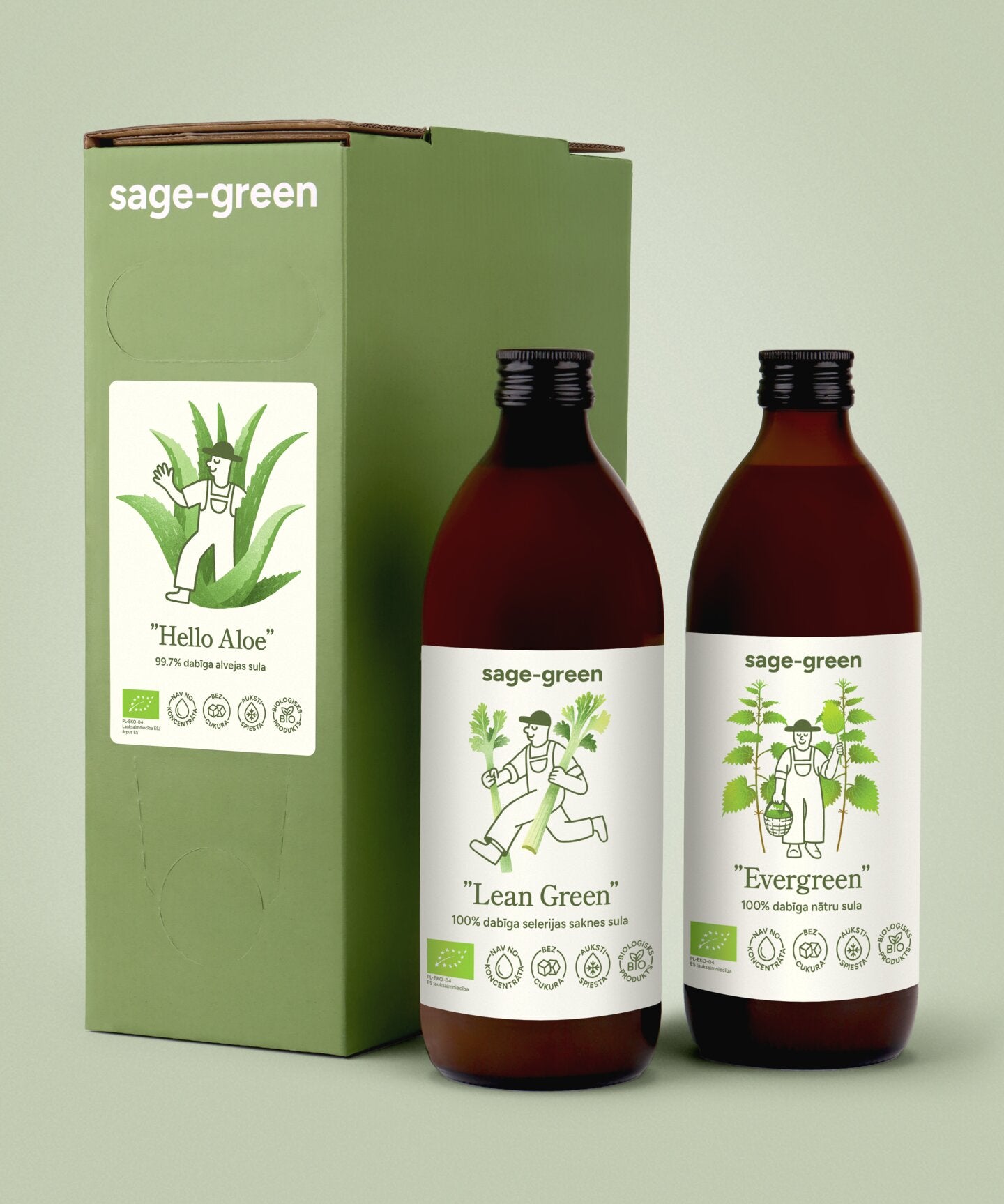 Detoksikācijas komplekts Zaļais restarts – 3 L alvejas sula + nātru sula 500 ml + seleriju sula 500 ml sastāvdaļās redzam uz baltas virsmas