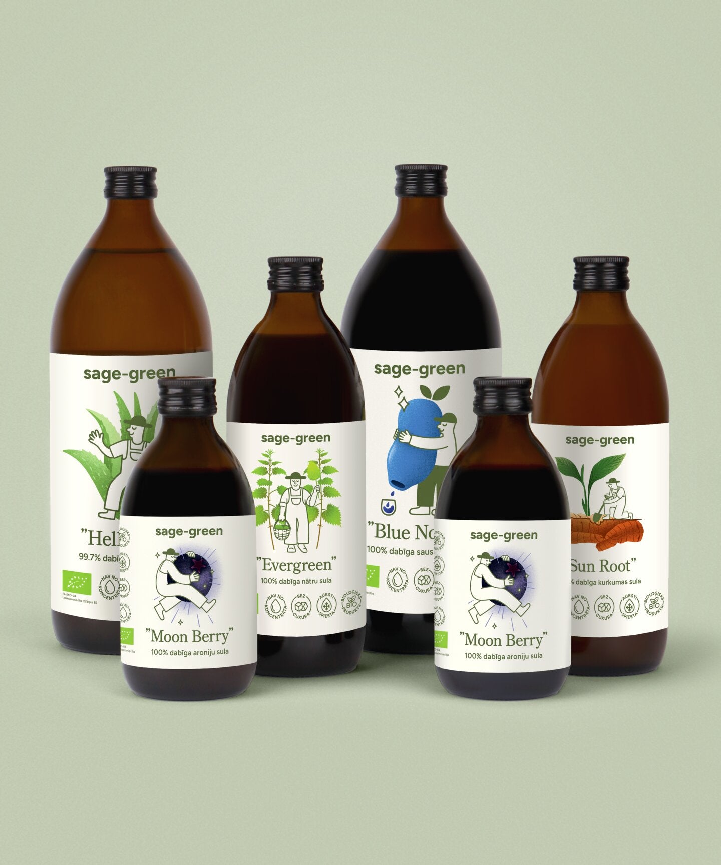Komplekts Iekšējais miers – 1 L sausseržu sula, 1 L alvejas sula, 500 ml nātru sula, 500 ml kurkumas sula un aronijas sula